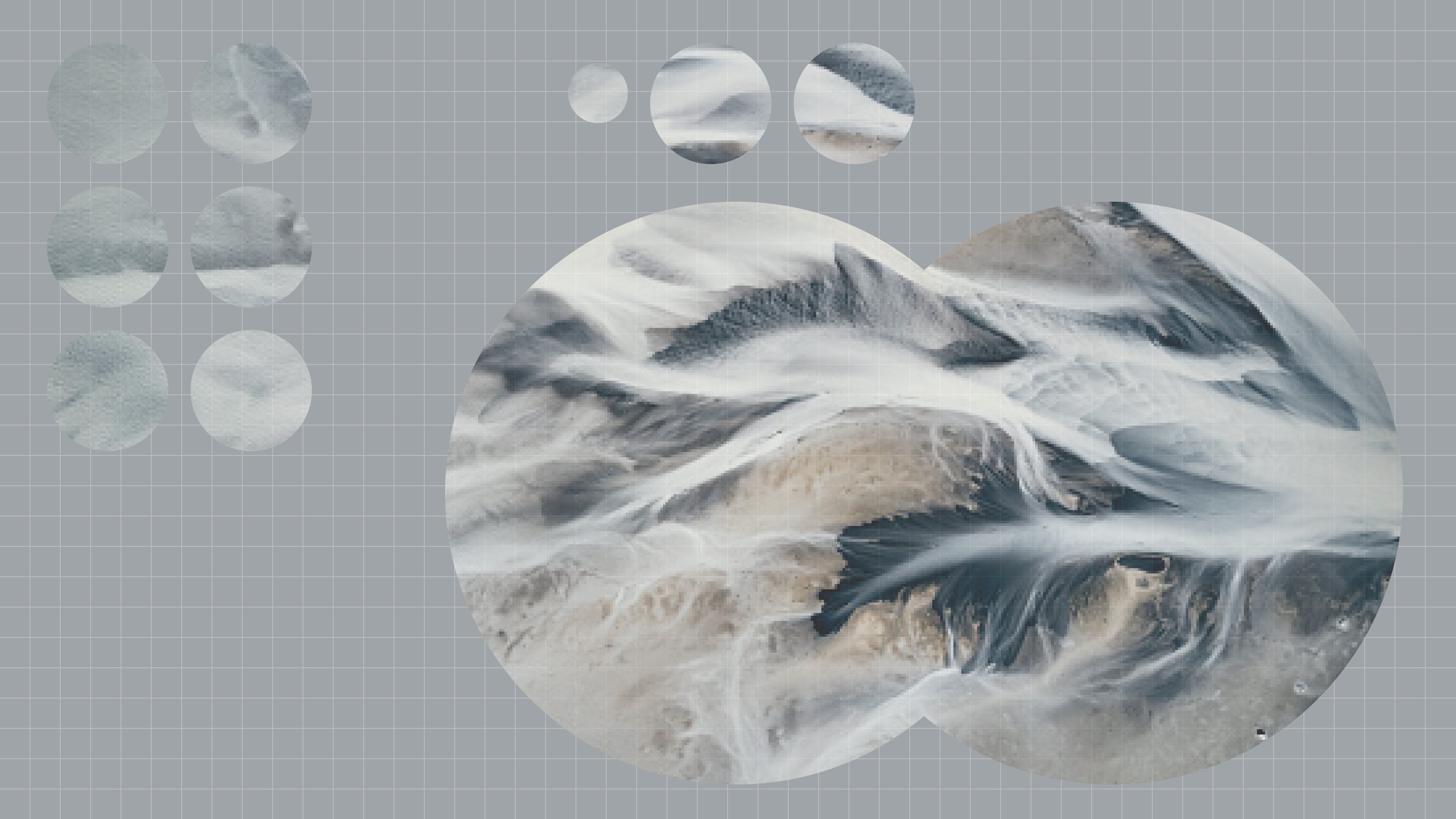 Abstract image featuring swirling patterns in gray and white, with circular insets showing similar textures.